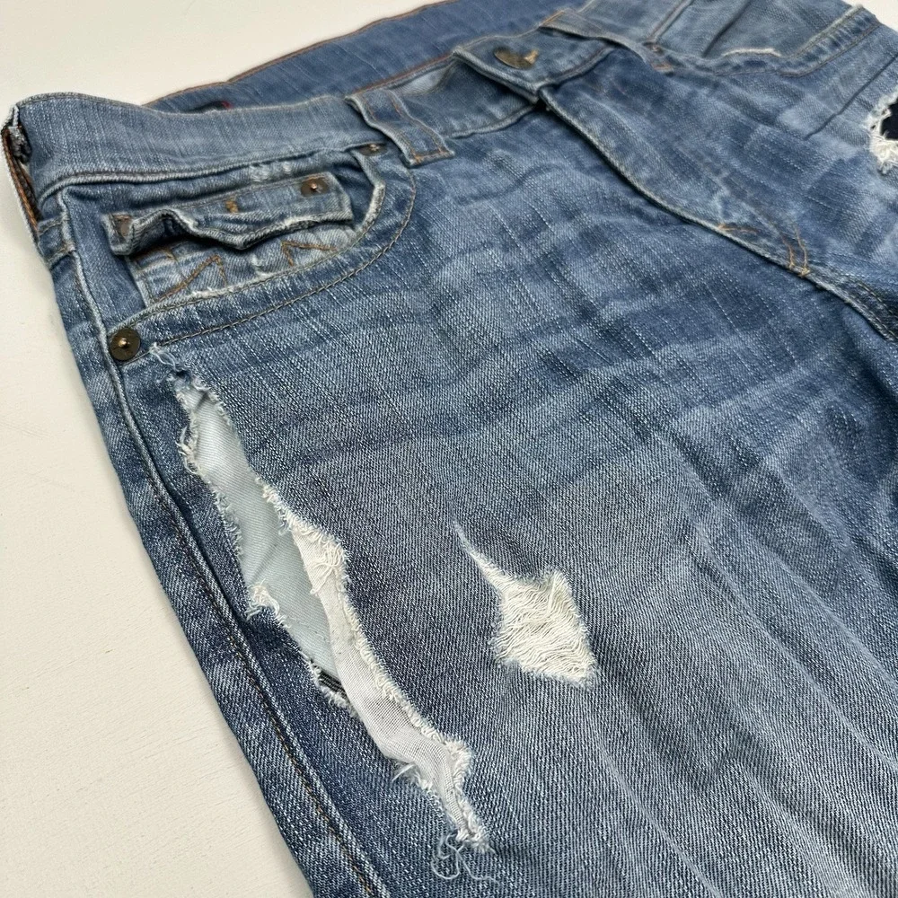 True Religion Geno Flap Relaxed Slim Jeans Mens 33x34 Distressed Blue Stretch